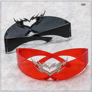 Close-up of Y2K shield sunglasses with metallic silver flame heart bridge detail