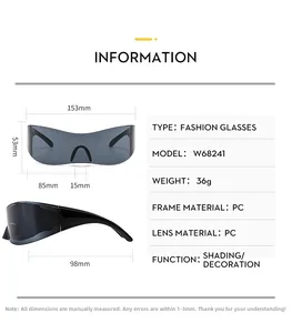 Detailed size specifications for Y2K rimless sunglasses including frame width and lens height