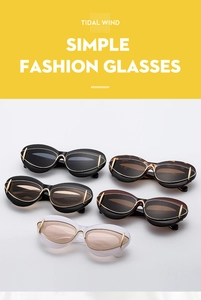 Flat lay of cat-eye sunglasses collection with gold metal accents in five colors