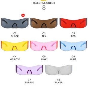 Detailed catalog of Y2K rimless wrap around sunglasses in eight vibrant fashion colors