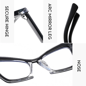 Detail of metal reinforced hinges, ergonomic curved temples and integrated nose pads