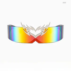 Detail of futuristic frameless sunglasses featuring metallic flame heart shield decoration
