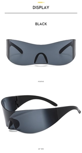 Modern black Y2K shield sunglasses with futuristic wrap-around design and side view details
