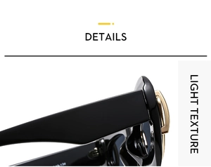 Close-up of black acetate sunglasses hinge with golden metal C-ring detail and logo