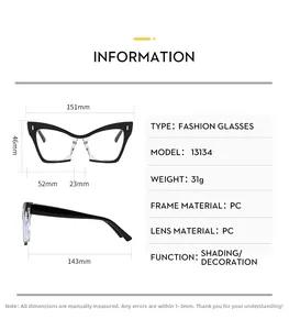 Detailed size specifications for cat eye glasses frames including width and leg length