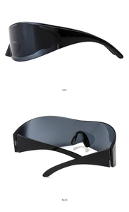 Side and back view of Y2K futuristic wrap around sunglasses with wide black temples