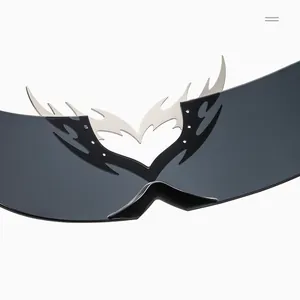 Futuristic rimless sunglasses detail showing silver metallic flame accent on the lens
