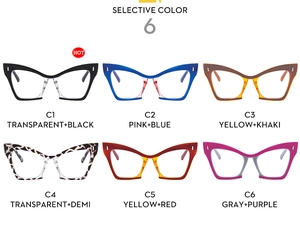 Detailed grid of cat eye glasses frames in six vibrant color options from C1 to C6