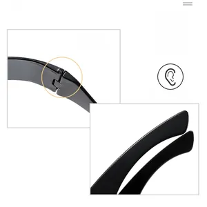 Detail of strong spring hinge on black rimless sunglasses for maximum comfort