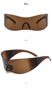 Detailed front and side view of rimless Y2K futuristic tea colored sports sunglasses