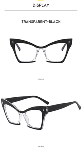 Detail view of cat eye glasses frames in transparent and black bicolor stylish design