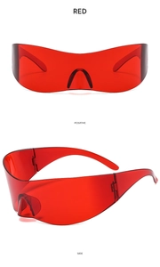 Front and side view of red translucent Y2K rimless wraparound sports sunglasses
