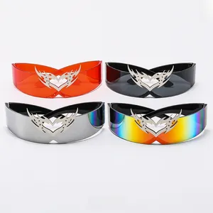 Detail of four Y2K frameless sunglasses with heart metal accents in various colors