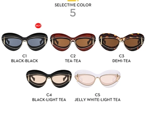 Detail of cat-eye sunglasses collection with gold metal trim and five color options