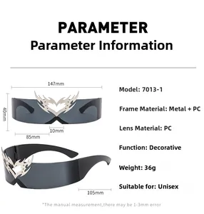 Detailed size specifications for Y2K rimless sunglasses with heart metal ornament