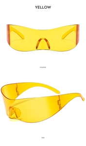 Front and side views of translucent bright yellow Y2K wraparound shield sunglasses