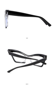 Detailed side and back view of elegant cat-eye black and clear composite glasses frames
