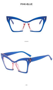 Detail view showing the stylish pink and blue cat eye frame glasses from two angles