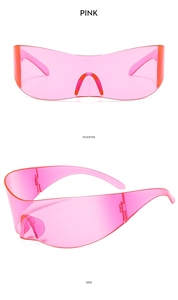 Detailed views of pink Y2K futuristic rimless sunglasses showing front and side angles