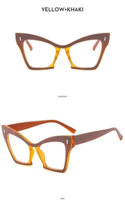 Cat eye glasses frames in yellow and khaki colors showing front and side views