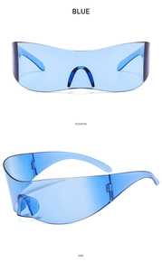 Detailed front and side views of blue Y2K futuristic rimless wraparound sunglasses
