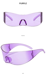 Front and side view of rimless purple Y2K futuristic wrap around sports sunglasses