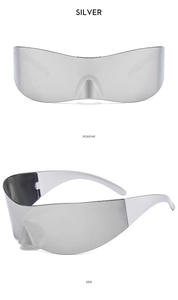Front and side views of silver Y2K futuristic frameless wraparound sunglasses