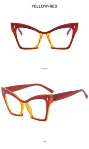 Detail of red and yellow gradient cat eye glasses frame with side and front view