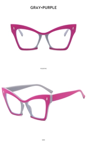 Detailed views of grey and purple cat-eye glasses frames with silver accents