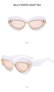 Detailed views of jelly white cat eye sunglasses with light tea lenses and gold hardware