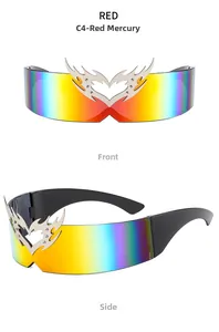 Detail of red mirror Y2K sunglasses with silver heart flame metal and rhinestone decor