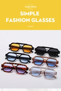 Detailed view of six double-bridge polygon pilot sunglasses in various frame and lens colors