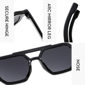 Detail view of reinforced hinges, ergonomic arc legs and comfort nose pads on pilot sunglasses