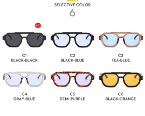 Six stylish polygon aviator sunglasses in various frame colors and lens tints