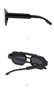 Side and back view of chunky black square frame sunglasses with thick temples and dark lenses