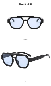 Detail view of black geometric aviator sunglasses with stylish light blue lenses