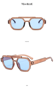 Detailed views of double-bridge aviator sunglasses with tea-blue frames and blue lenses