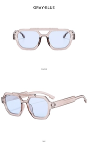 Gray-blue pilot sunglasses with retro double bridge design and thick temples shown from side view