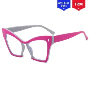 Stylish cat-eye TR90 anti-blue light glasses with pink and grey contrast frames