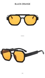 Front and side views of black geometric aviator sunglasses with orange lenses