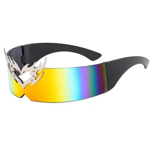 Futuristic rimless sunglasses with rainbow lenses and silver flame heart metal decor