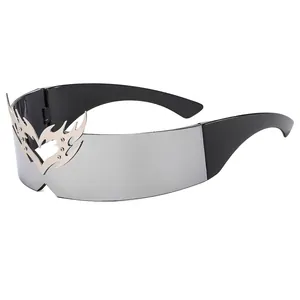 Futuristic Y2K rimless silver mirror sunglasses with metal heart flame decoration