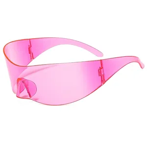 Pink translucent Y2K futuristic wrap around sunglasses with large PC shield lens