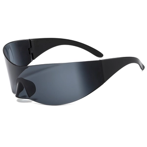 Y2K futuristic rimless shield sunglasses in sleek black finish with wrap-around lenses