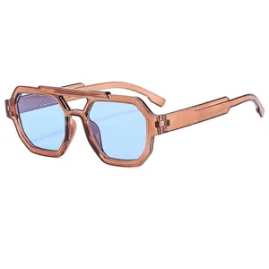 Stylish double-bridge pilot sunglasses with amber geometric frames and blue lenses