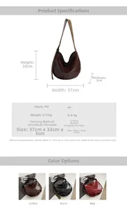 Detailed size specifications and dimensions chart for the PU leather crescent shoulder bag