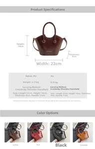 Detailed chart showing PU leather handbag dimensions 22x14x9cm and vintage color options