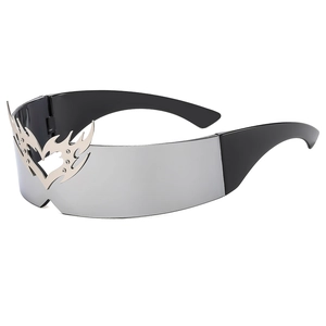 Futuristic silver mirrored Y2K wrap sunglasses with metal heart flame decor