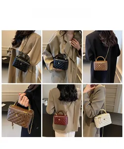 Detailed views of quilted leather box bags in black, brown, burgundy and beige tones