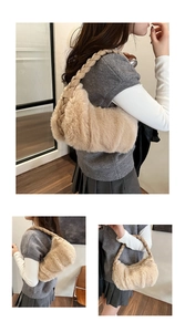 Detail of plush beige shoulder bag with stylish braided leather strap for autumn fashion